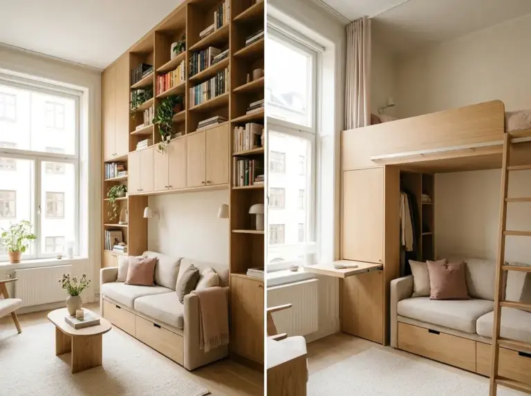 Bright and organized small apartment living room featuring floor-to-ceiling vertical shelving and hidden storage furniture.