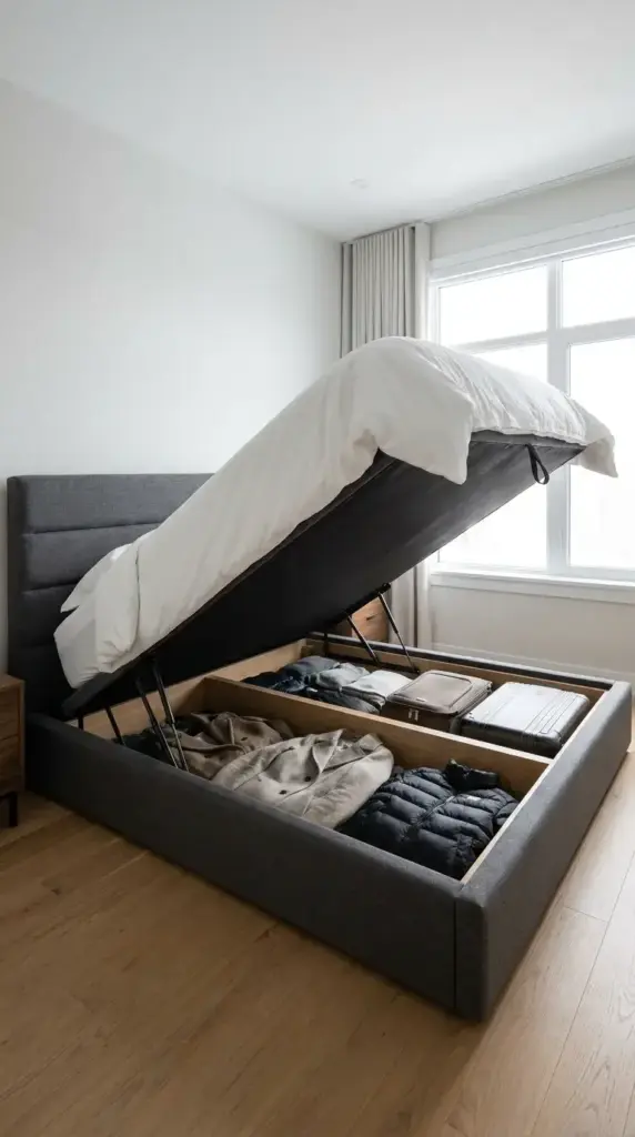 Upholstered bed frame with the mattress lifted up on hydraulic struts to show a large hidden storage compartment underneath filled with luggage.