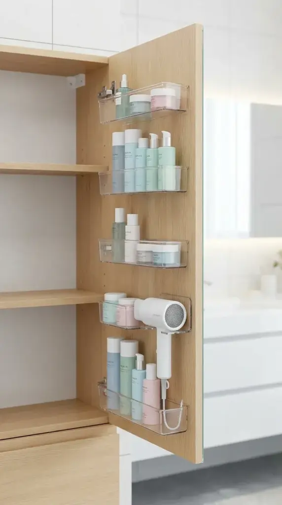 Open bathroom cabinet door with mounted clear acrylic bins holding neatly organized skincare products and hair tools.