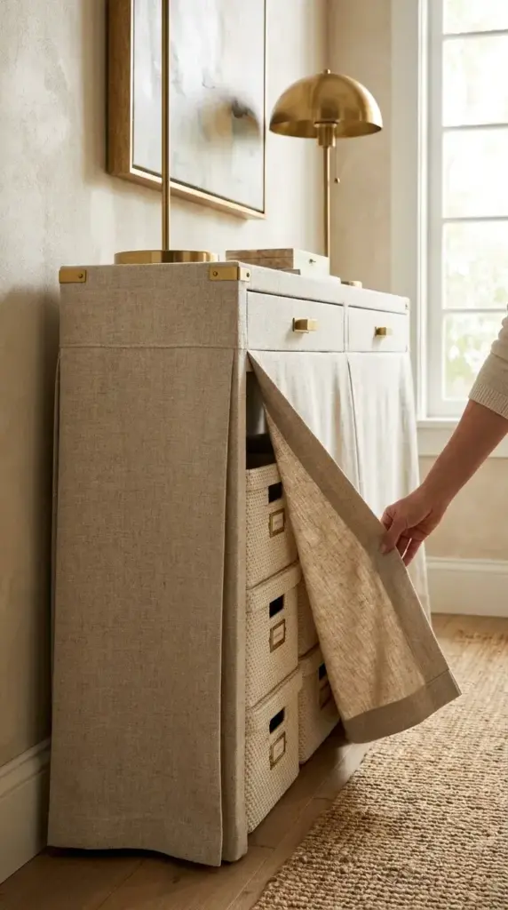 Entryway console table with a tailored linen fabric skirt pulled back slightly to reveal hidden storage bins underneath.