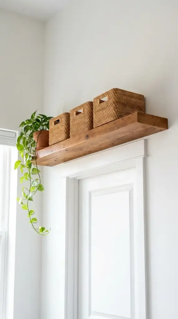Floating wooden shelf mounted above a white bedroom door holding woven storage baskets and a trailing plant.