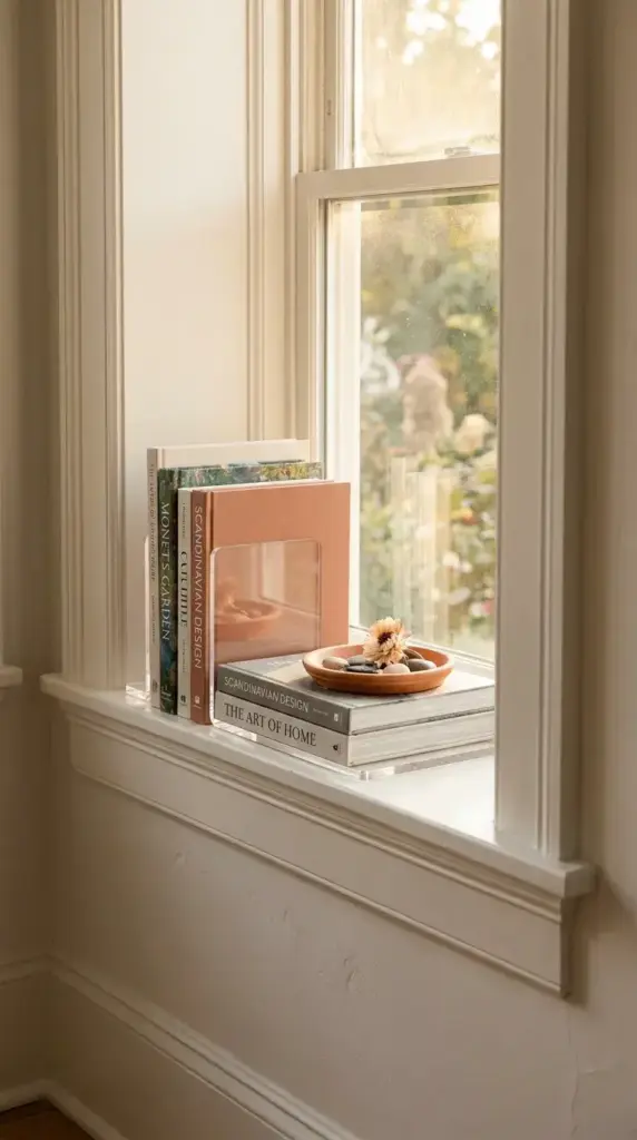 Deep windowsill styled with clear acrylic bookends holding books and a small ceramic tray illuminated by natural sunlight.