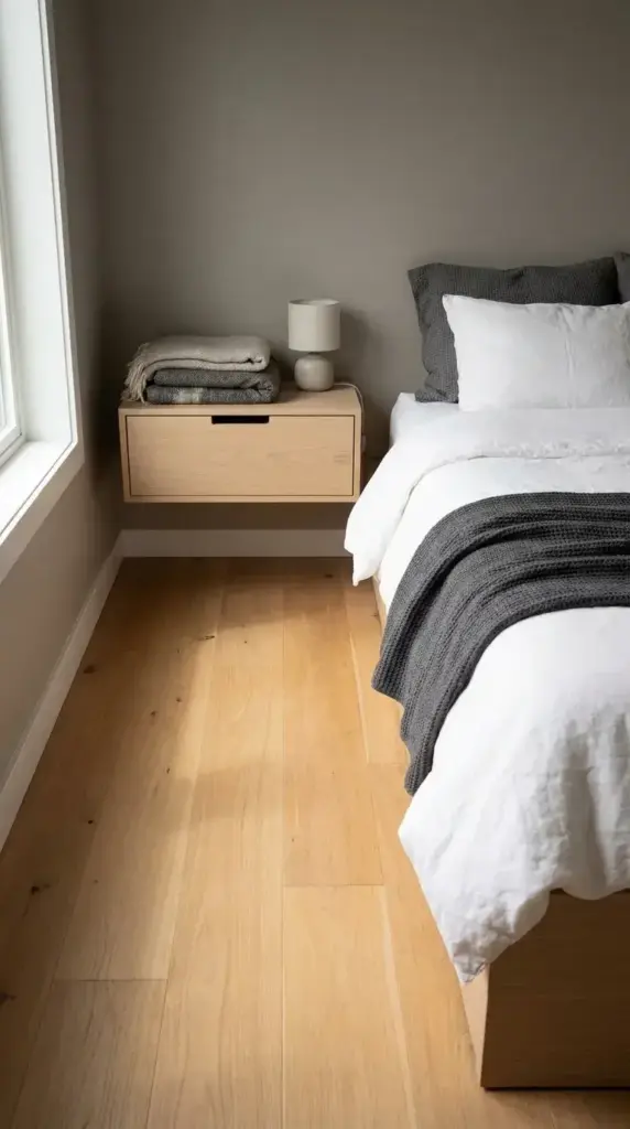 Wall-mounted floating wooden nightstand beside a bed with clear hardwood floor space visible underneath.