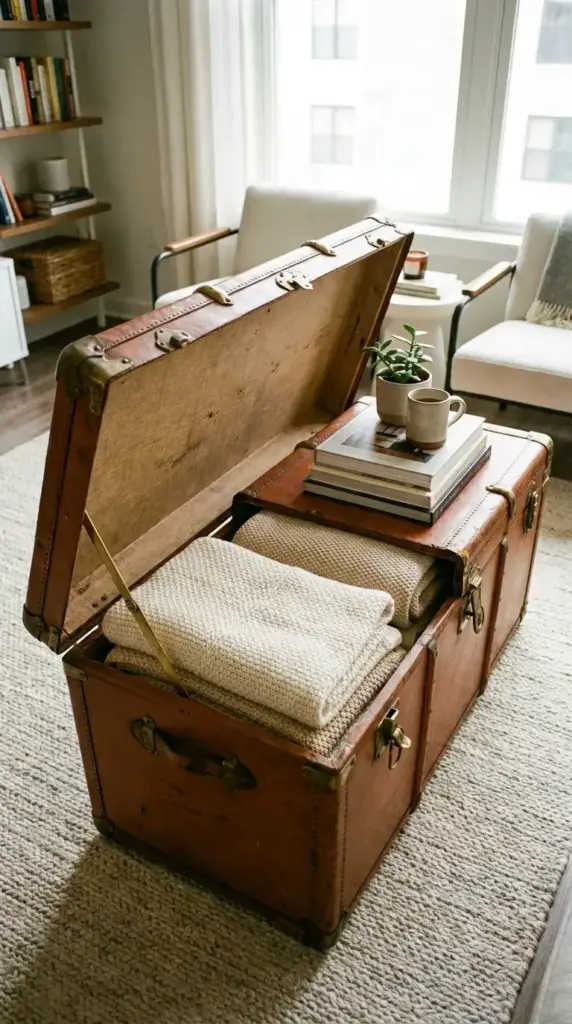 Vintage leather trunk used as a living room coffee table, opened slightly to reveal folded blankets stored inside.