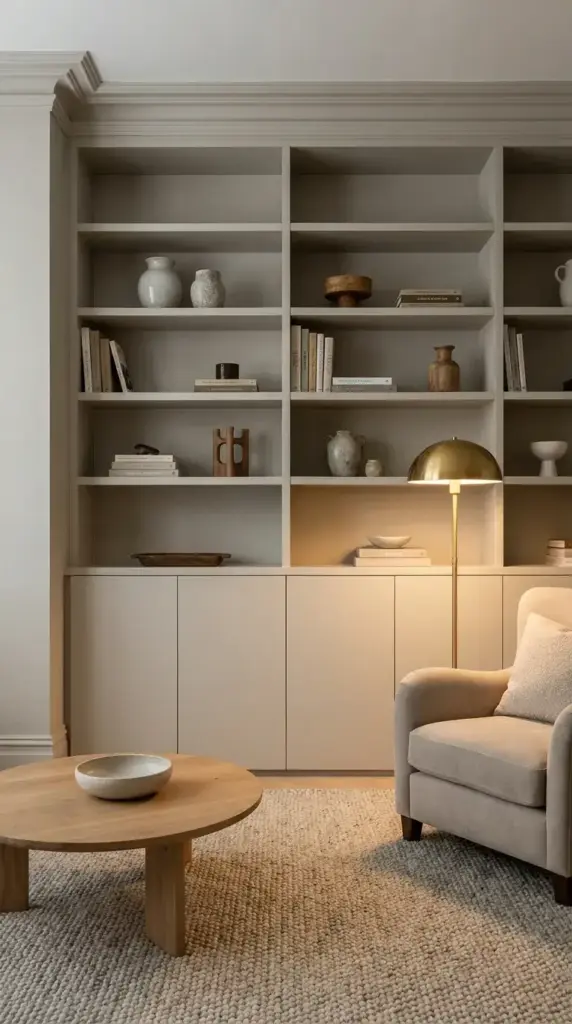 Floor-to-ceiling built-in shelves in a small living room with closed cabinets at the bottom and styled decor on open upper shelves.
