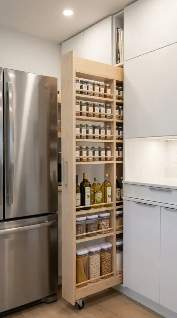 Slim wooden rolling pantry rack pulled out from a narrow gap beside a kitchen refrigerator, filled with organized spice jars.