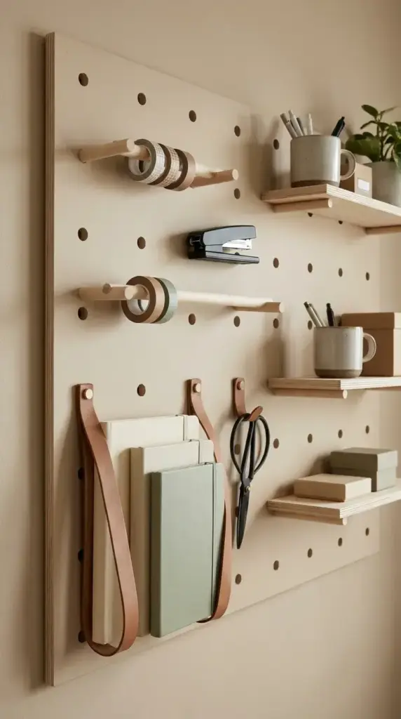 Wall-mounted pegboard painted to match the room, organized with wooden shelves, dowels, and chic office supplies.
