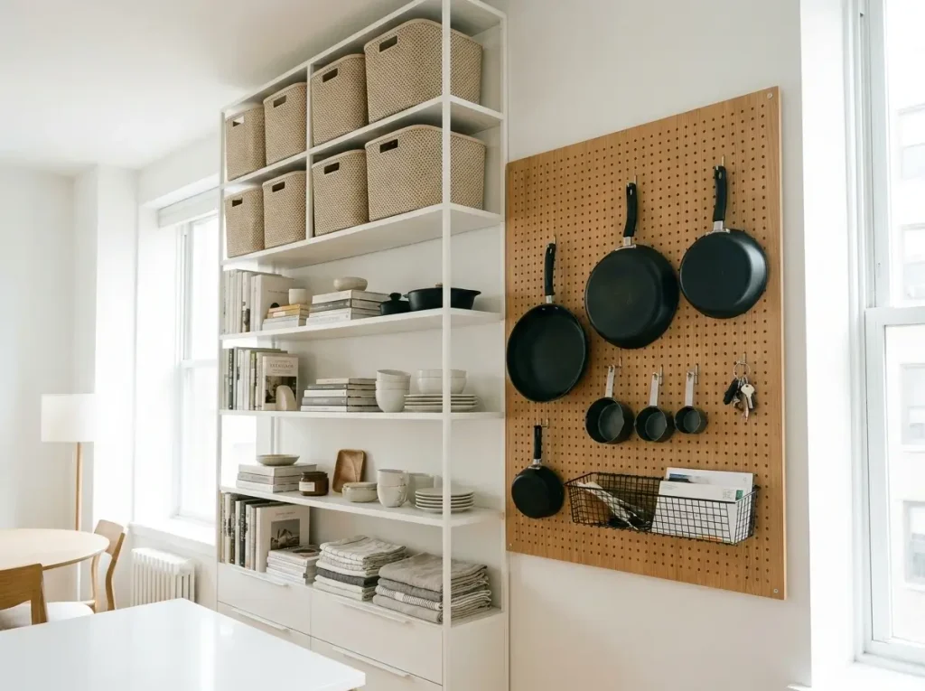 A neatly organized small apartment wall featuring floor-to-ceiling shelving and a styled pegboard, demonstrating creative PCS Move Organization Tips for tight living spaces.