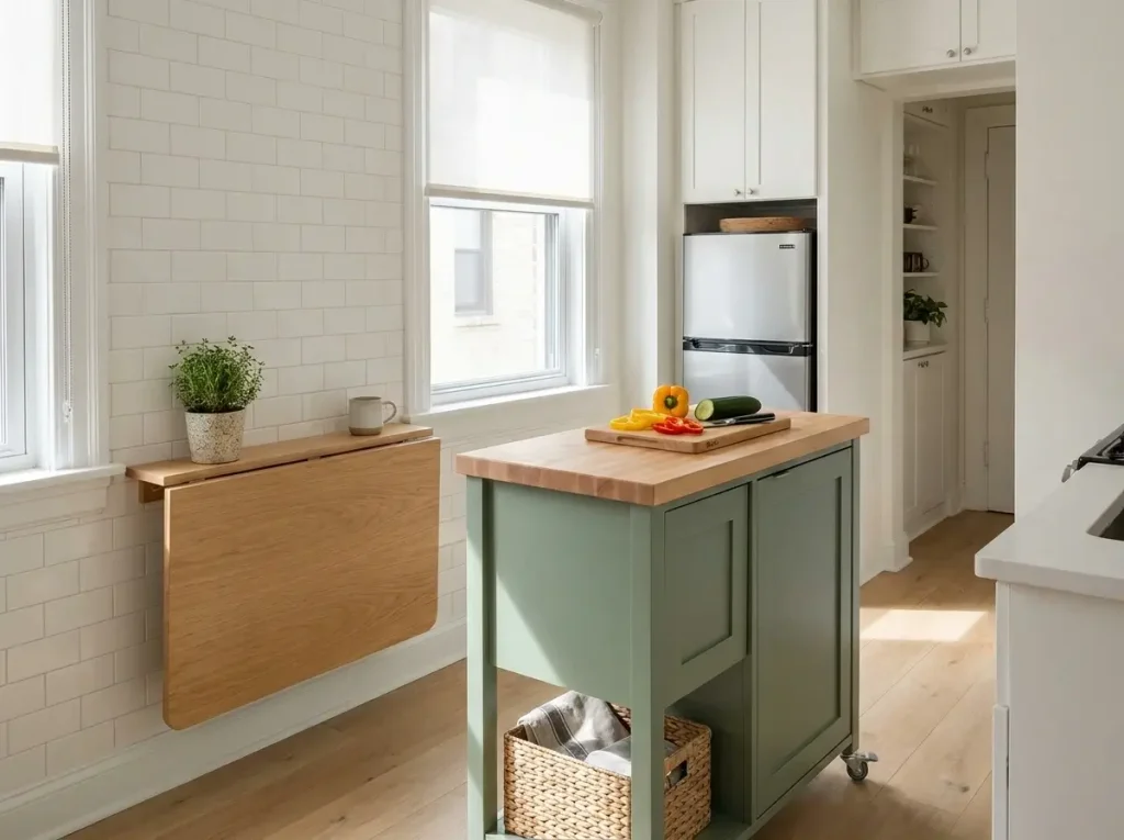 A bright, organized compact kitchen featuring a folded drop-leaf table and a rolling prep island with closed cabinets, demonstrating how to use small apartment storage furniture to maximize limited dining space.