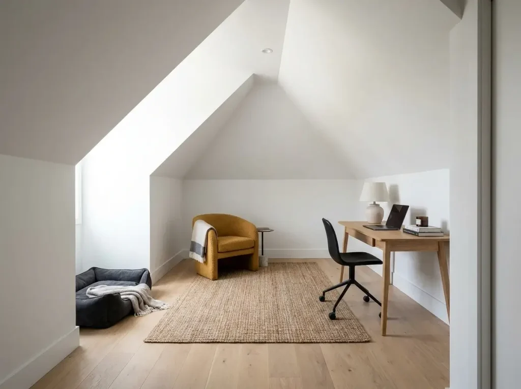 A brightly lit, functional workspace and floating seating area demonstrating smart furniture layouts for small attic bedroom sloping ceilings.