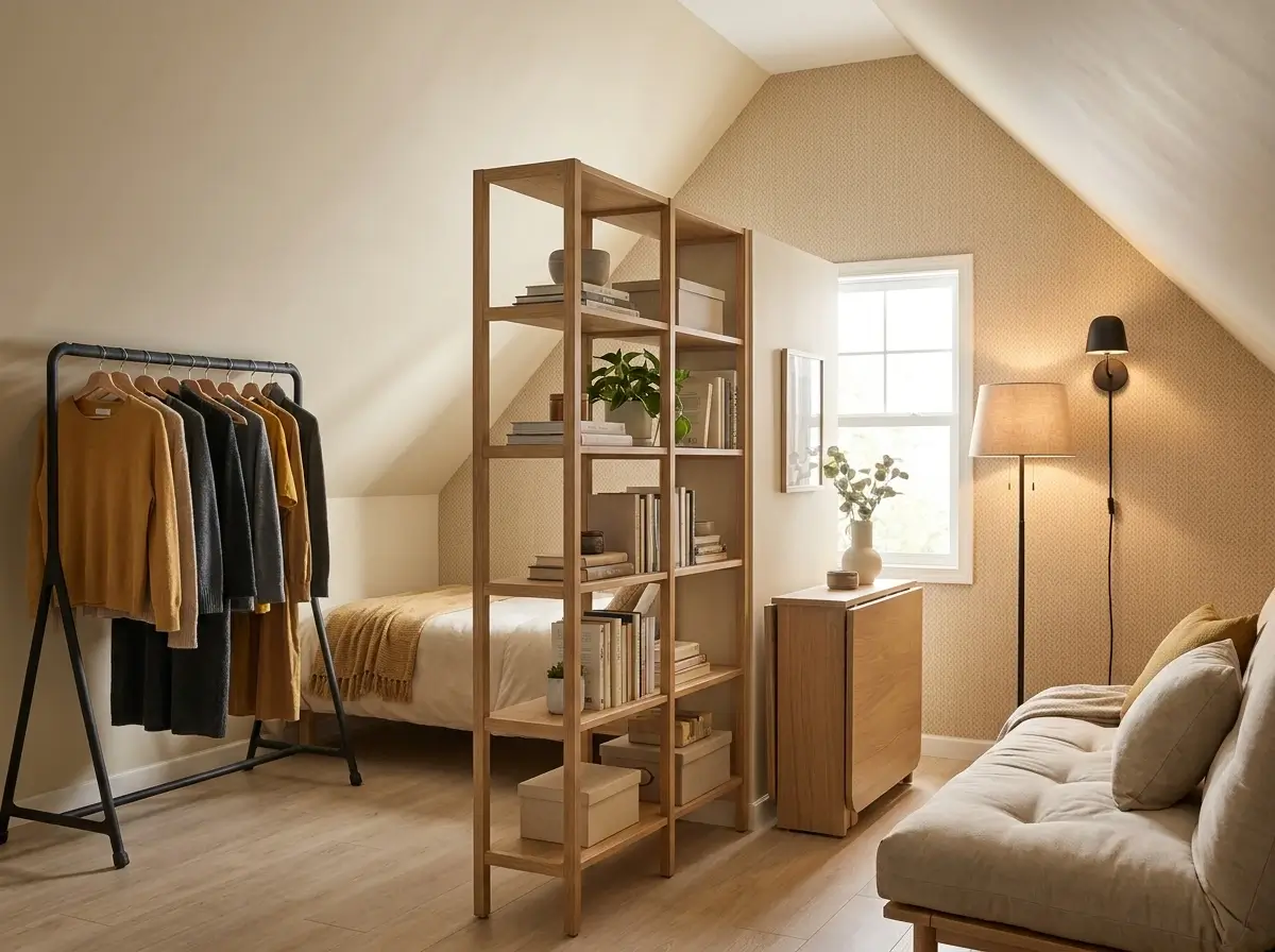A cleverly zoned rented attic apartment showcasing renter-friendly small loft ideas, featuring a freestanding garment rack, an open bookshelf room divider, and damage-free decor.