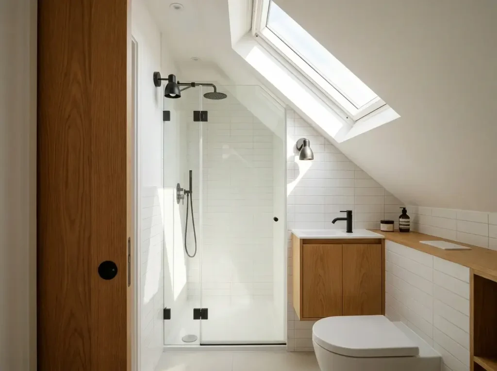 A cleverly designed attic bathroom demonstrating practical small loft ideas, featuring a glass shower at the ceiling peak and a wall-mounted toilet tucked under the low slanted roofline.