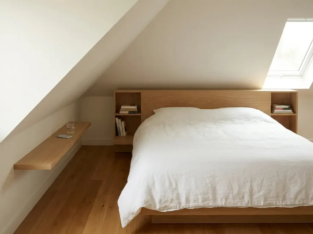 A pristine, clutter-free sleep space showcasing smart small loft bedroom design, featuring a custom wooden headboard with built-in compartments and a minimalist floating shelf on a slanted wall to keep the floor completely clear.