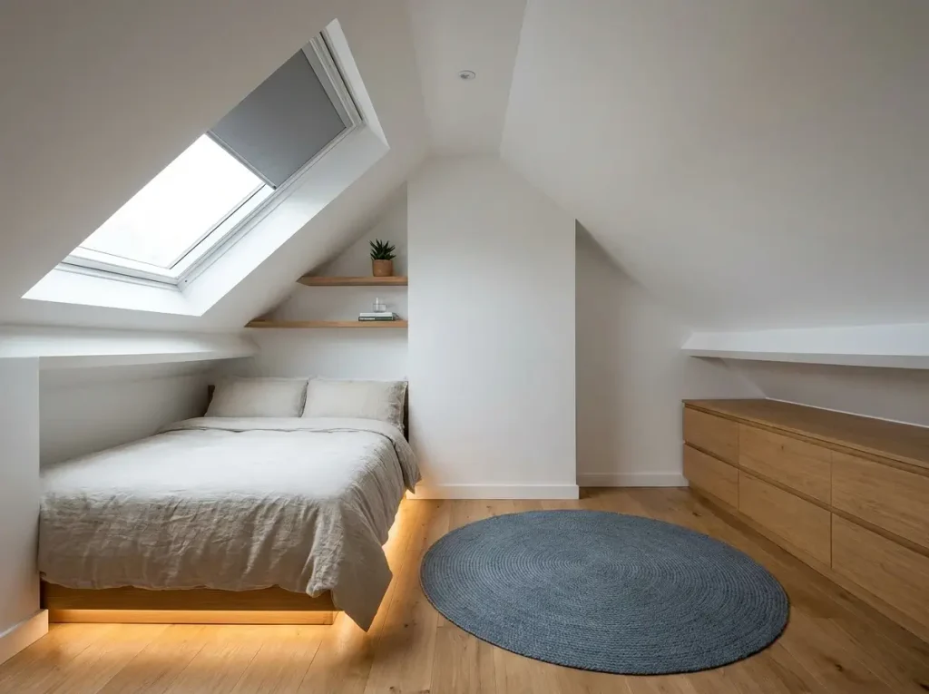 A cozy attic bedroom showcasing smart small loft ideas, featuring a low bed tucked under a slanted ceiling, floating shelves, and horizontal storage to keep the center walkway clear.