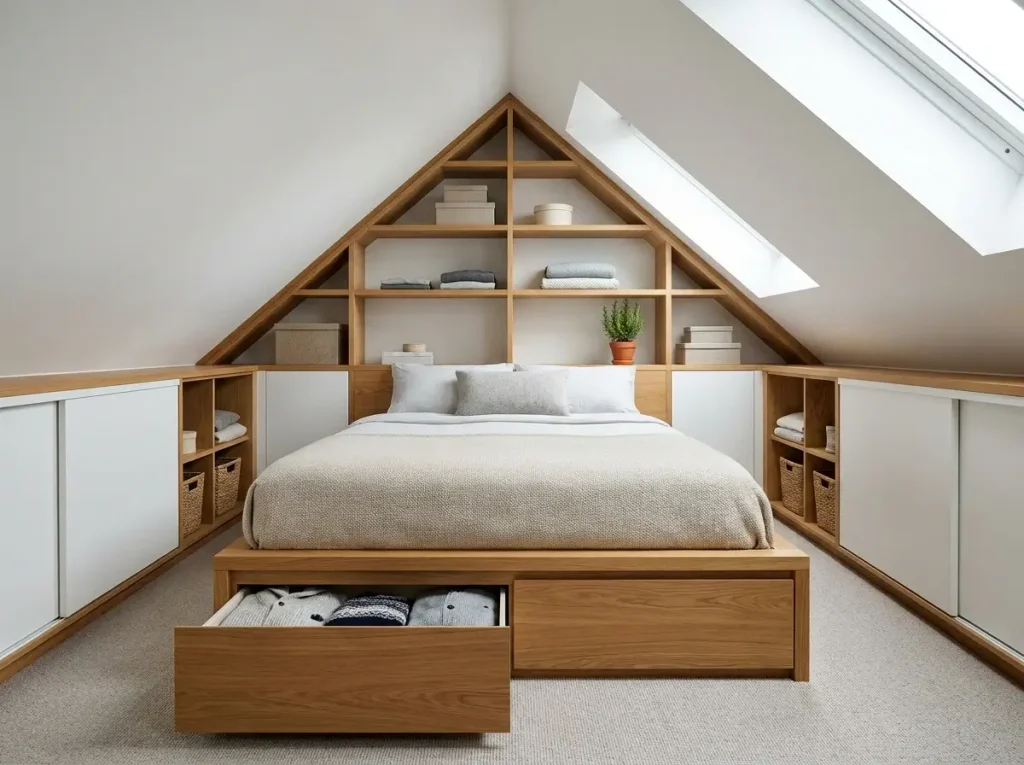 A highly organized attic bedroom demonstrating smart small loft ideas, featuring custom knee-wall cabinets, gable shelving, and under-bed storage to maximize space and eliminate clutter.