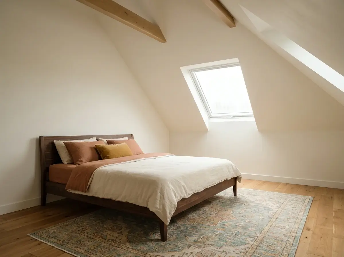 A beautifully lit attic space demonstrating effective small loft bedroom design, featuring walls and angled ceilings painted in the same warm off-white to create an expansive feel, grounded by rich wooden flooring and a walnut bed frame.