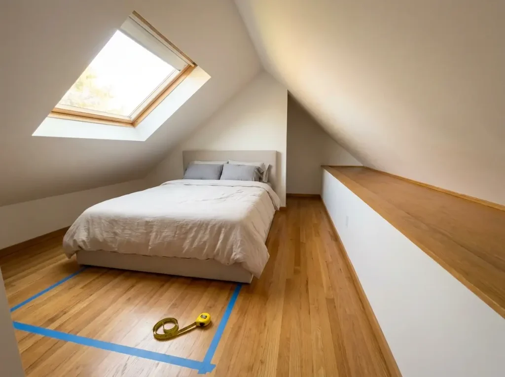 A well-planned small loft bedroom design featuring a low-profile bed tucked under a slanted ceiling, with blue painter's tape and a tape measure on the wood floor illustrating spatial planning and clearance measurement.