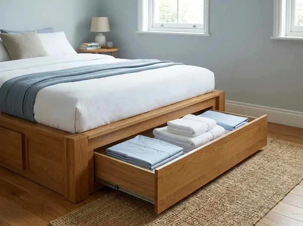 A solid platform bed with built-in wooden drawers pulled open to reveal neatly folded linens, illustrating clever furniture choices and PCS Move Organization Tips for small spaces.