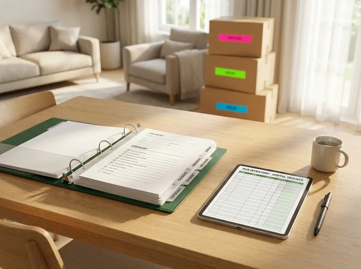 A highly organized binder and tablet on a wooden table representing effective PCS Move Organization Tips with neatly color-coded moving boxes in the background.