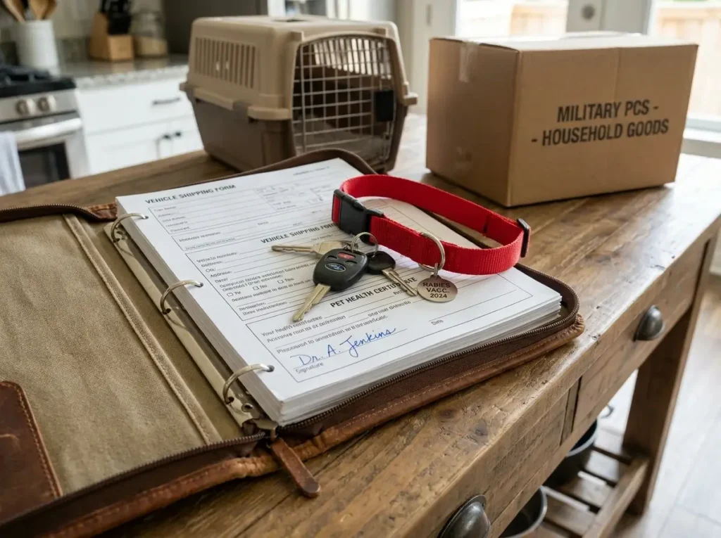 A close-up of a dog collar, car keys, and official travel documents sitting on top of an open folder, illustrating exactly what to put in a PCS binder for shipping vehicles and transporting pets during a military move.