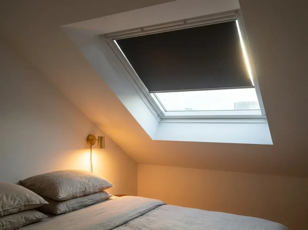 A well-lit attic room demonstrating smart small loft bedroom design with track-mounted blackout blinds on a skylight and a space-saving brass wall sconce above a cozy bed.