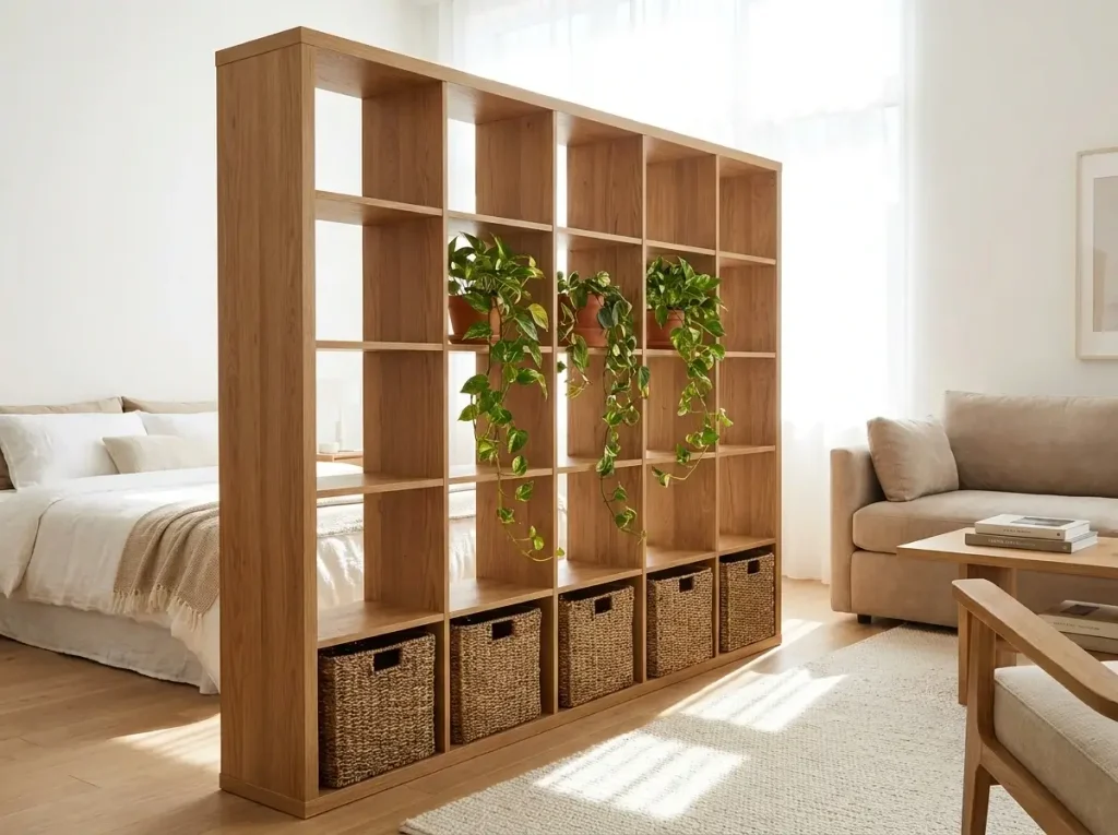 A bright and airy apartment using an open bookshelf as a room divider, demonstrating practical small loft space ideas that separate the bedroom from the living area without blocking natural light.