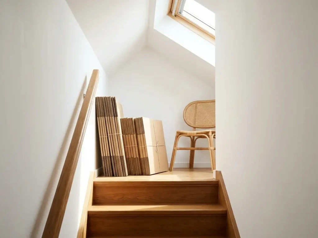 Neatly stacked flat-pack boxes and a lightweight rattan chair at the top of a narrow staircase, demonstrating highly practical small upstairs loft decorating ideas for easy transport and assembly.