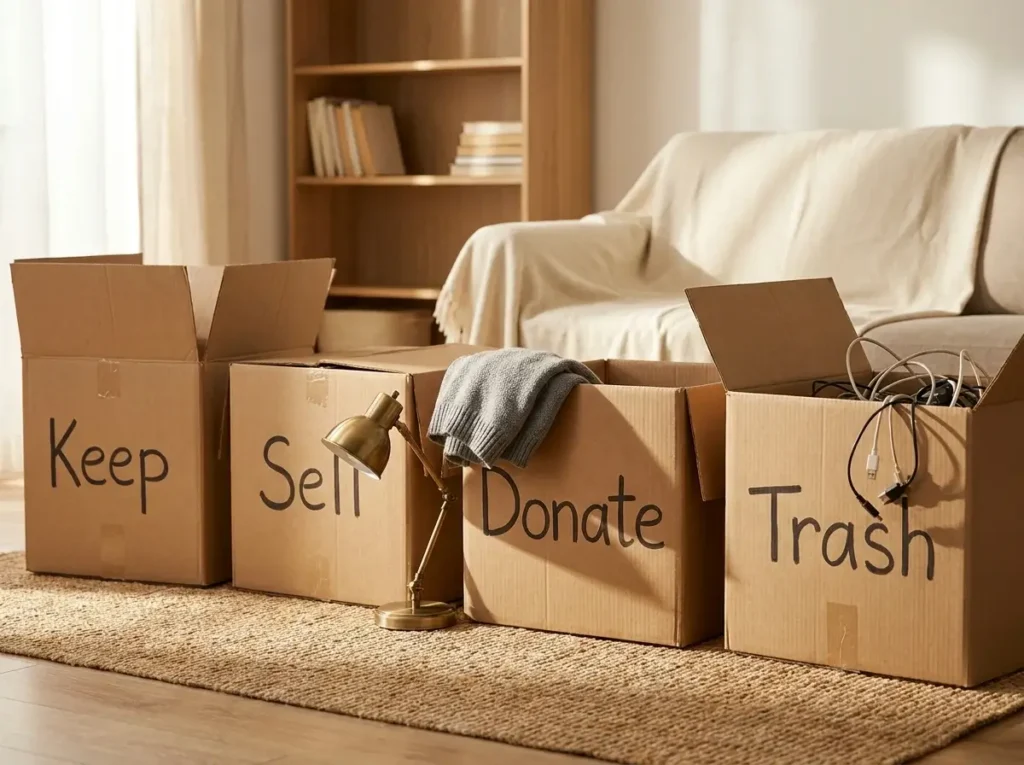 Four cardboard boxes labeled keep, sell, donate, and trash sitting in a living room, demonstrating essential PCS Move Organization Tips for decluttering before a relocation.