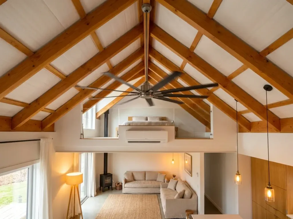 A bright interior view of a small loft type house featuring a vaulted ceiling with a large fan and a wall-mounted mini-split system for zoned temperature control.