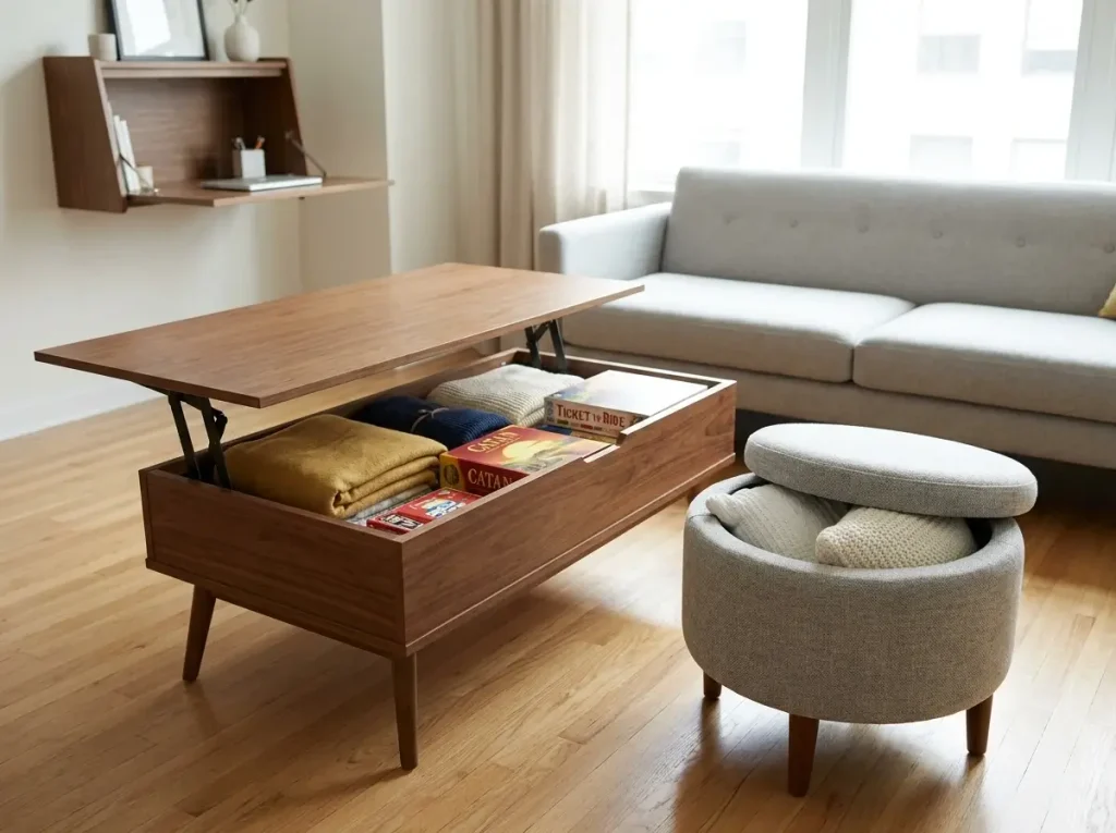 A well-organized living room featuring a lift-top coffee table and a storage ottoman revealing hidden compartments, serving as excellent small apartment space-savers and practical PCS Move Organization Tips for transitioning into tighter floor plans.