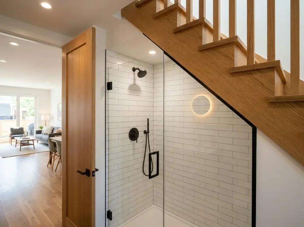 A highly efficient modern bathroom custom-built underneath a staircase, demonstrating structural space-saving strategies for a small loft type house.