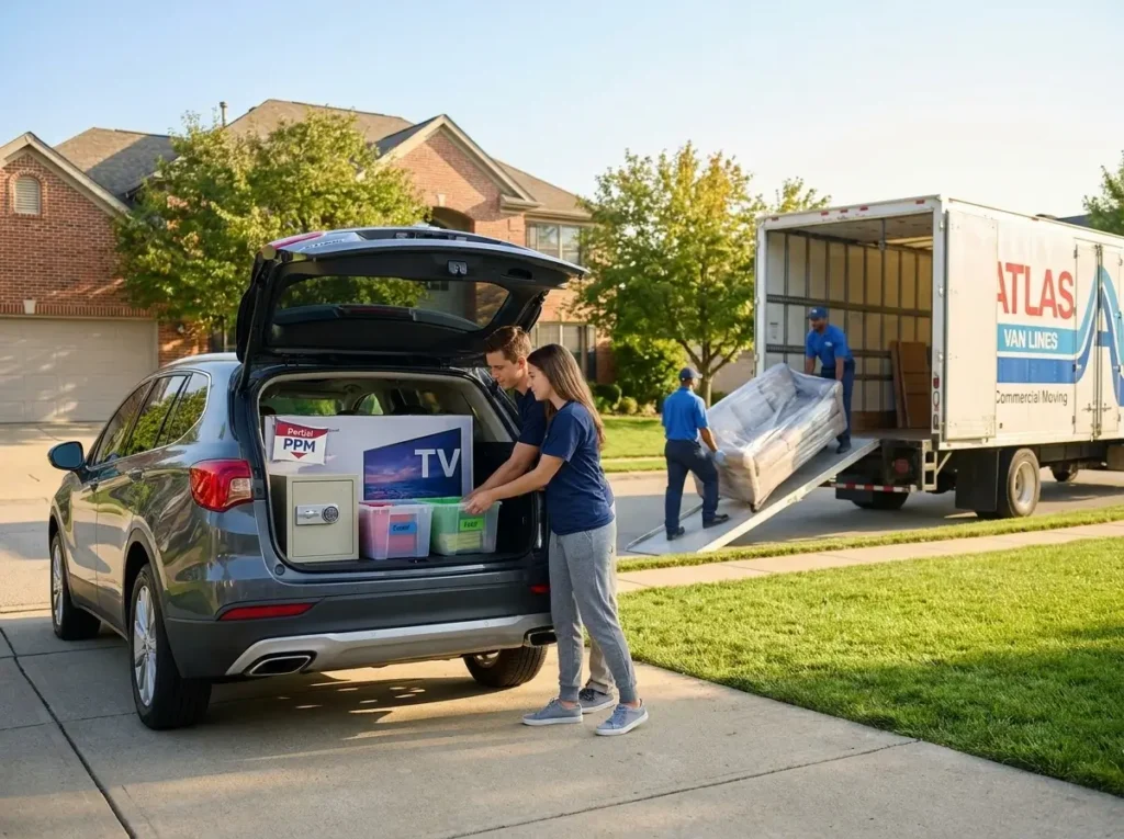 A couple packing their SUV in the foreground while professional movers load a truck in the background, illustrating first pcs move tips for choosing your relocation method.