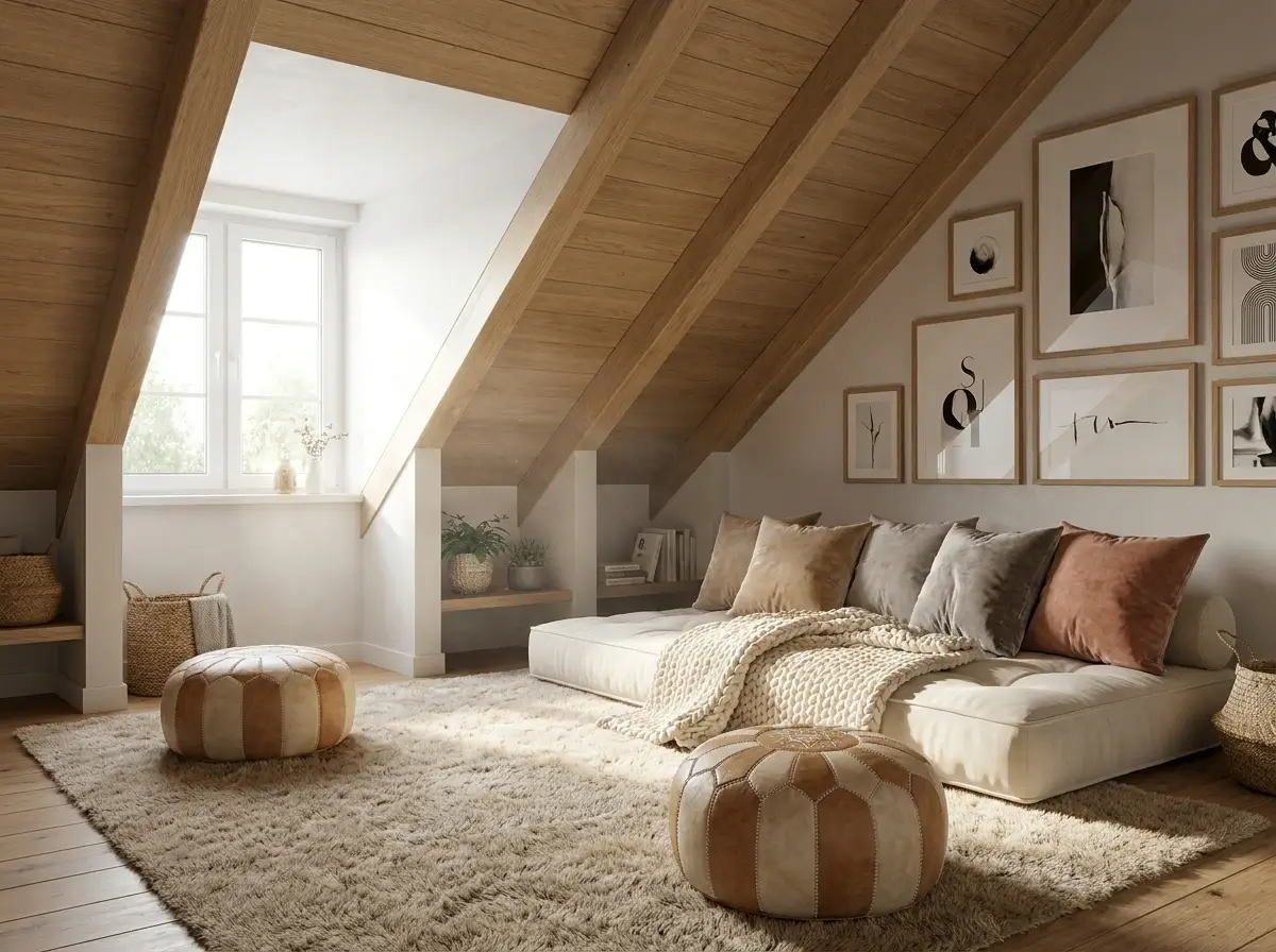 A bright and inviting attic living space featuring low-profile seating, a dormer window, and soft textiles, showcasing beautiful small upstairs loft decorating ideas for low ceilings.
