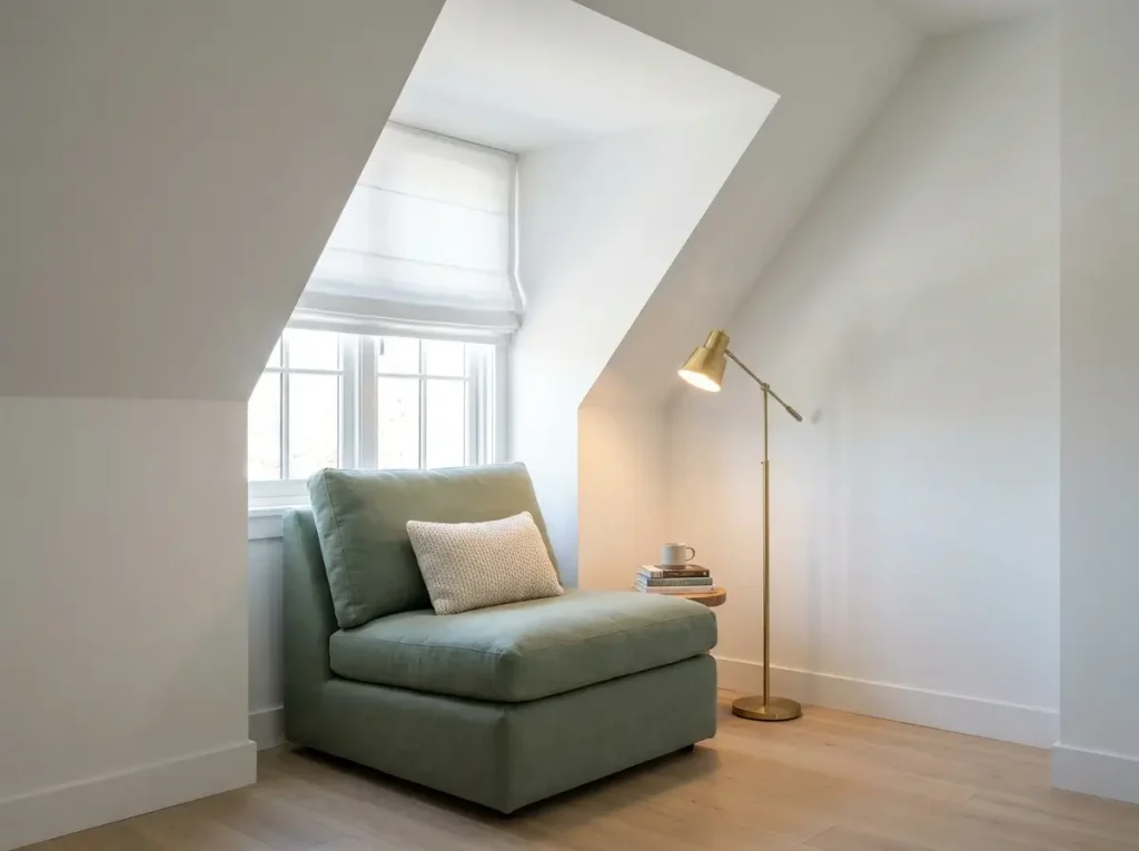 A cozy reading nook tucked perfectly into a dormer window alcove featuring a plush armchair and Roman shades, highlighting clever small upstairs loft decorating ideas.