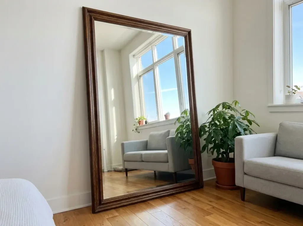 A massive leaning floor mirror reflecting a bright window, showcasing one of the most effective small loft space ideas to instantly double visual depth and bounce natural light into a tiny apartment.