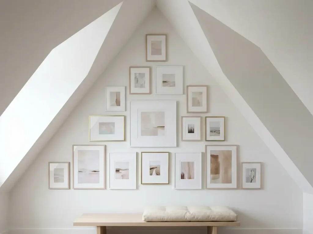 A beautifully arranged triangular gallery wall with minimalist frames on a tall gable wall, highlighting brilliant small upstairs loft decorating ideas to make slanted ceilings feel taller.