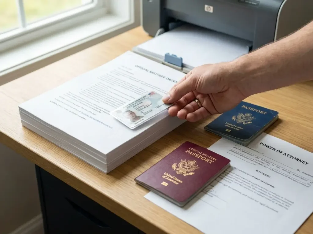 A neatly arranged collection of military IDs, passports, and printed official orders gathered on a desk as part of a comprehensive PCS paperwork checklist.