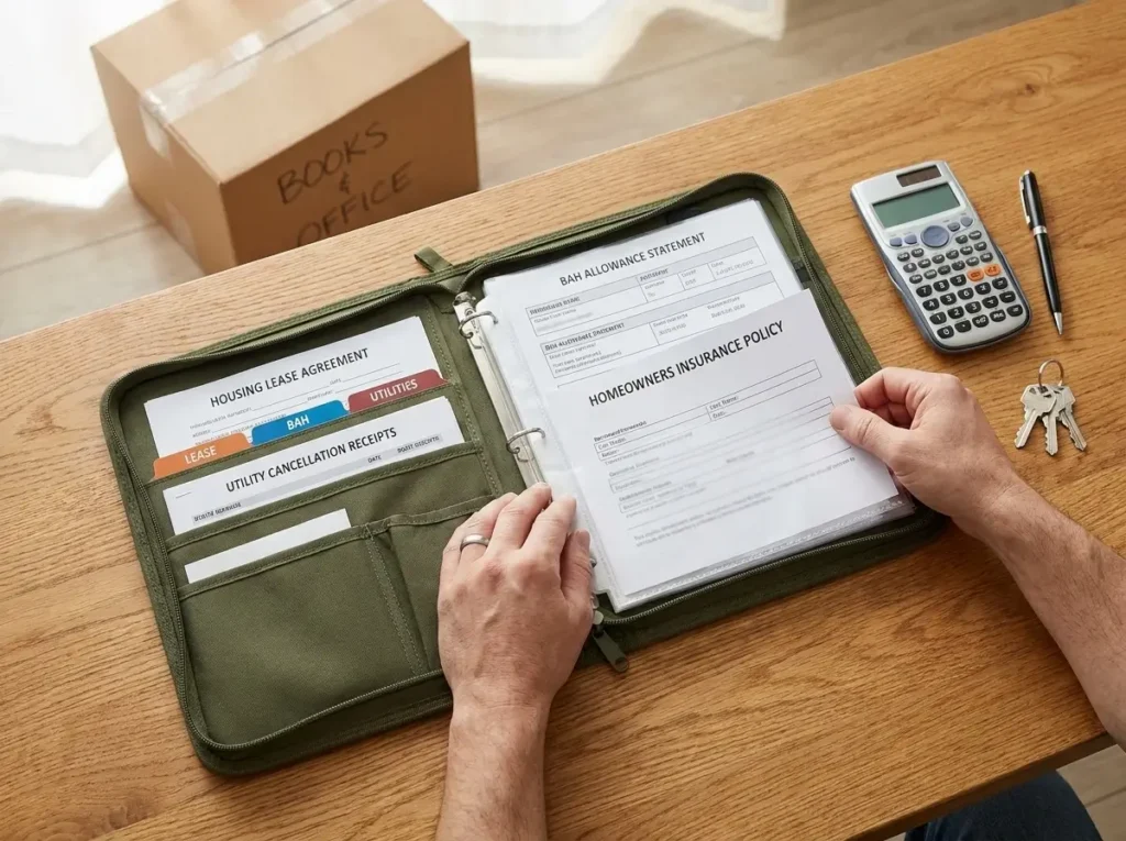 A top-down view of an open organizational folder with lease agreements, utility receipts, a calculator, and house keys, illustrating exactly what to put in a PCS binder for a smooth financial transition.