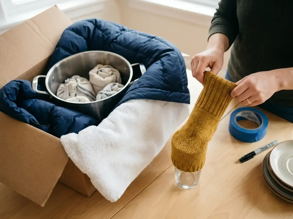 A close-up of a person using a thick sock to protect a drinking glass and lining a cardboard box with a winter coat, showcasing resourceful PCS Packing Tips on a Budget without using bubble wrap.