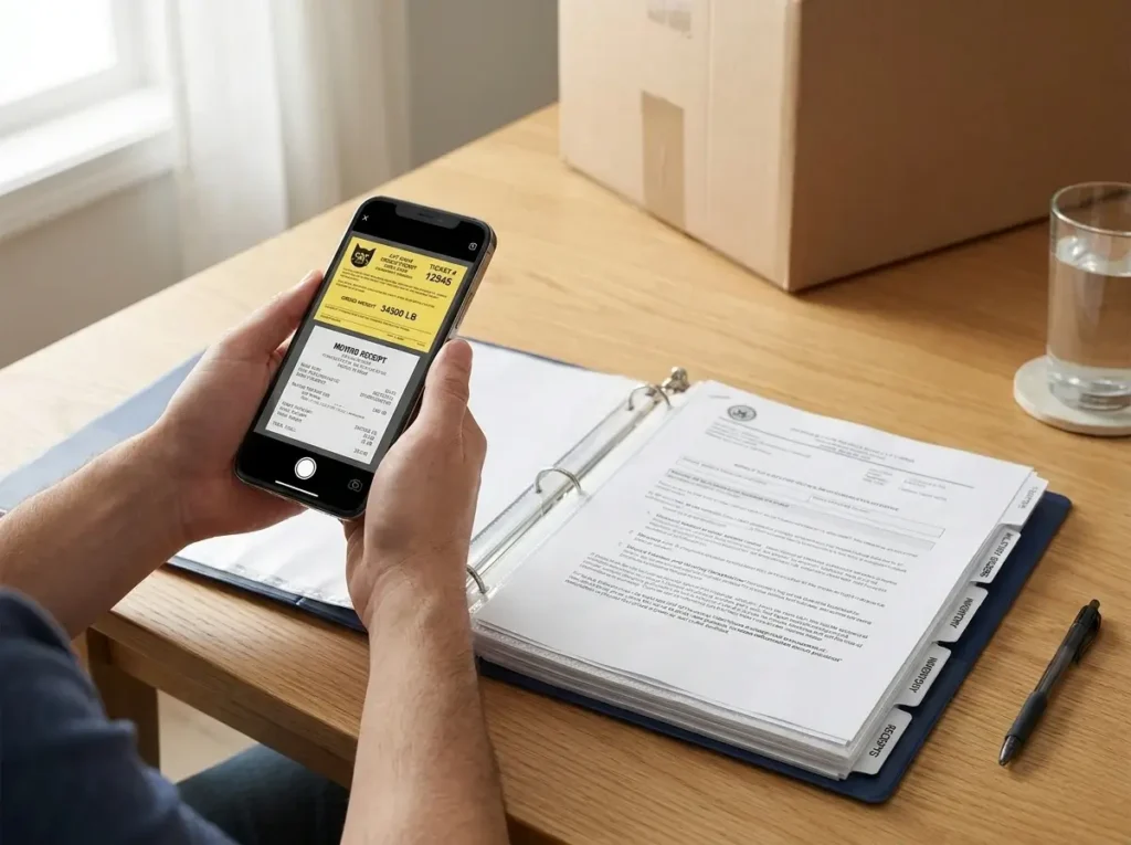 A person using a smartphone to scan a moving receipt into a physical binder, showcasing essential PCS Move Organization Tips for taming relocation paperwork.