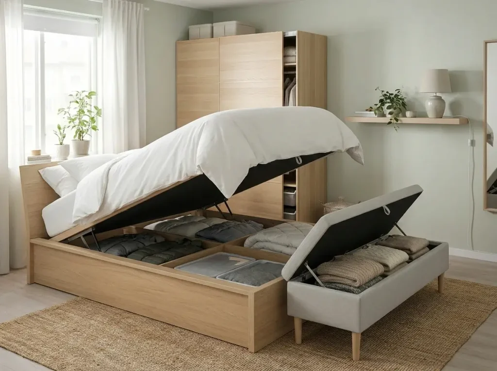 A visually calm, organized bedroom demonstrating the use of small apartment storage furniture, featuring a raised hydraulic lift bed with hidden storage, a footboard bench, and a tall freestanding wardrobe.