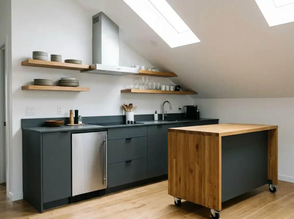 A cleverly designed kitchenette demonstrating functional small loft ideas, featuring compact appliances, a rolling prep island, and open shelving installed under slanted white ceilings.