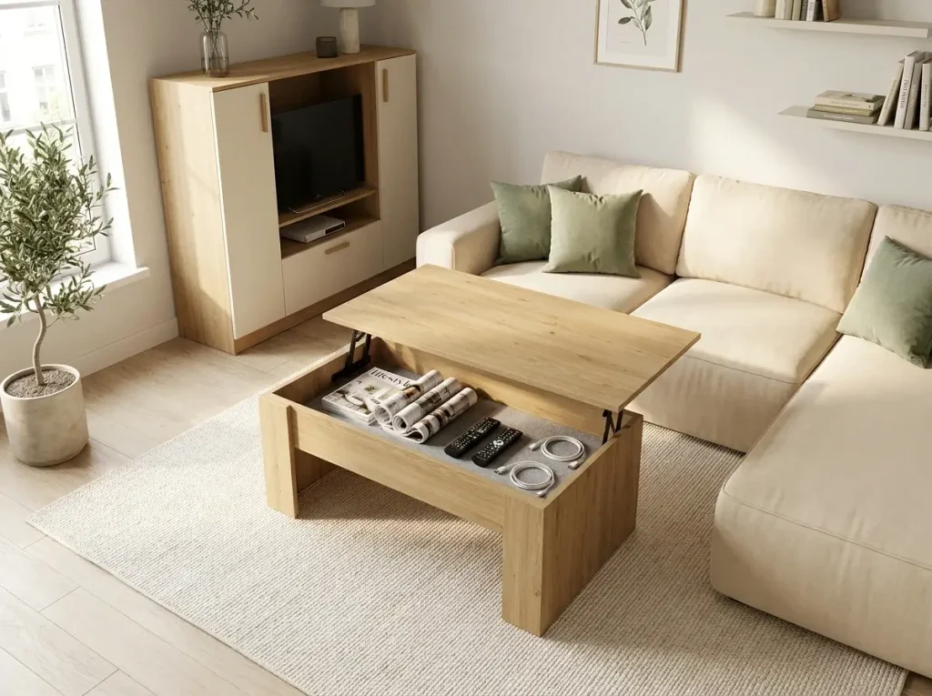 A serene, clutter-free living room featuring an open lift-top coffee table, demonstrating how small apartment storage furniture hides daily messes and creates a peaceful home.