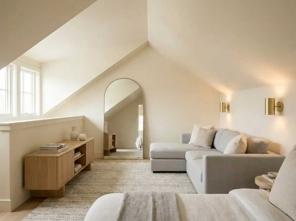 A beautifully decorated upstairs living space showcasing elegant small loft ideas, featuring low-profile furniture, a large floor mirror, and warm cream walls to maximize natural light and eliminate visual clutter.