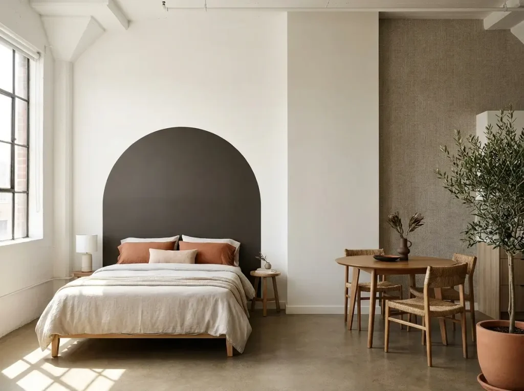 A beautifully styled open-concept apartment demonstrating budget-friendly small loft space ideas, featuring a dark painted arch behind a bed to visually separate the sleeping alcove from the rest of the room.
