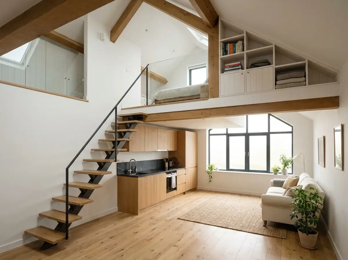 A bright and airy interior view of a small loft type house demonstrating structural optimization with exposed wooden beams, an open staircase, and built-in storage under slanted ceilings.
