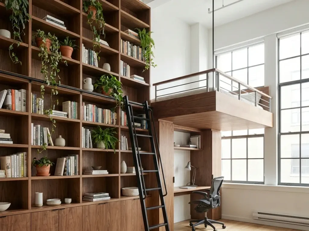 A high-ceiling urban apartment featuring floor-to-ceiling shelving and a lofted bed over a workspace, showcasing smart small loft space ideas that maximize vertical square footage.