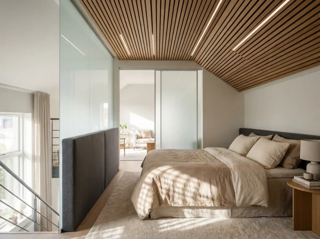 A restful mezzanine bedroom in a small loft type house, featuring a padded half-wall, sliding frosted glass partitions, and slatted wood acoustic ceiling panels to create a quiet, private sleeping space.
