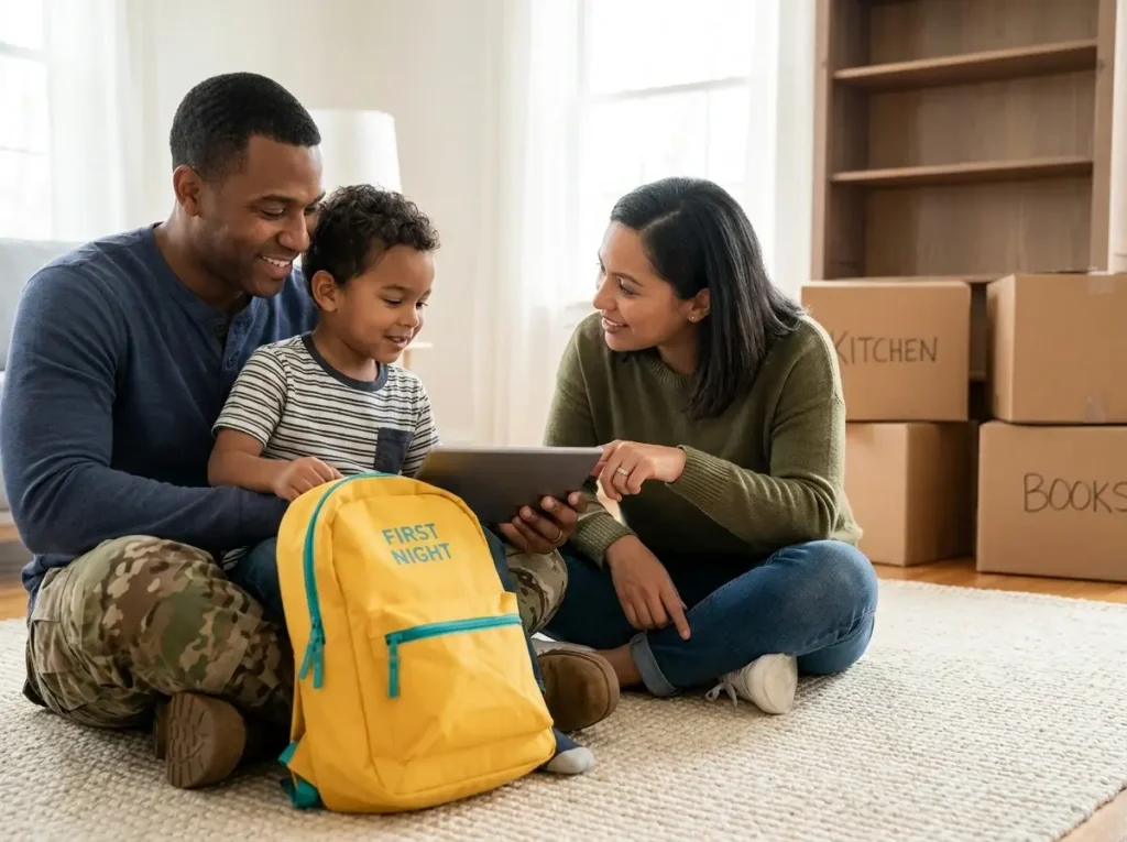 A military family sitting on the floor with a tablet and a child's backpack, implementing essential first pcs move tips by researching their new base together.