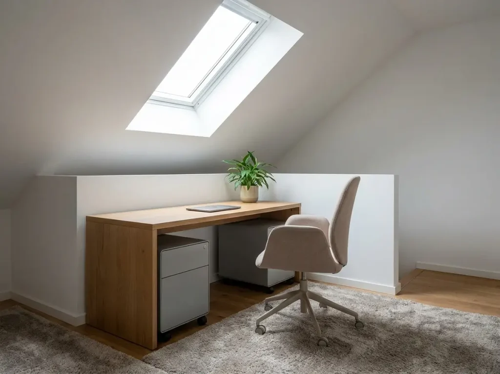 A highly organized home office in an attic featuring a desk under a skylight and low-profile storage, showcasing practical small loft ideas for a productive workspace.